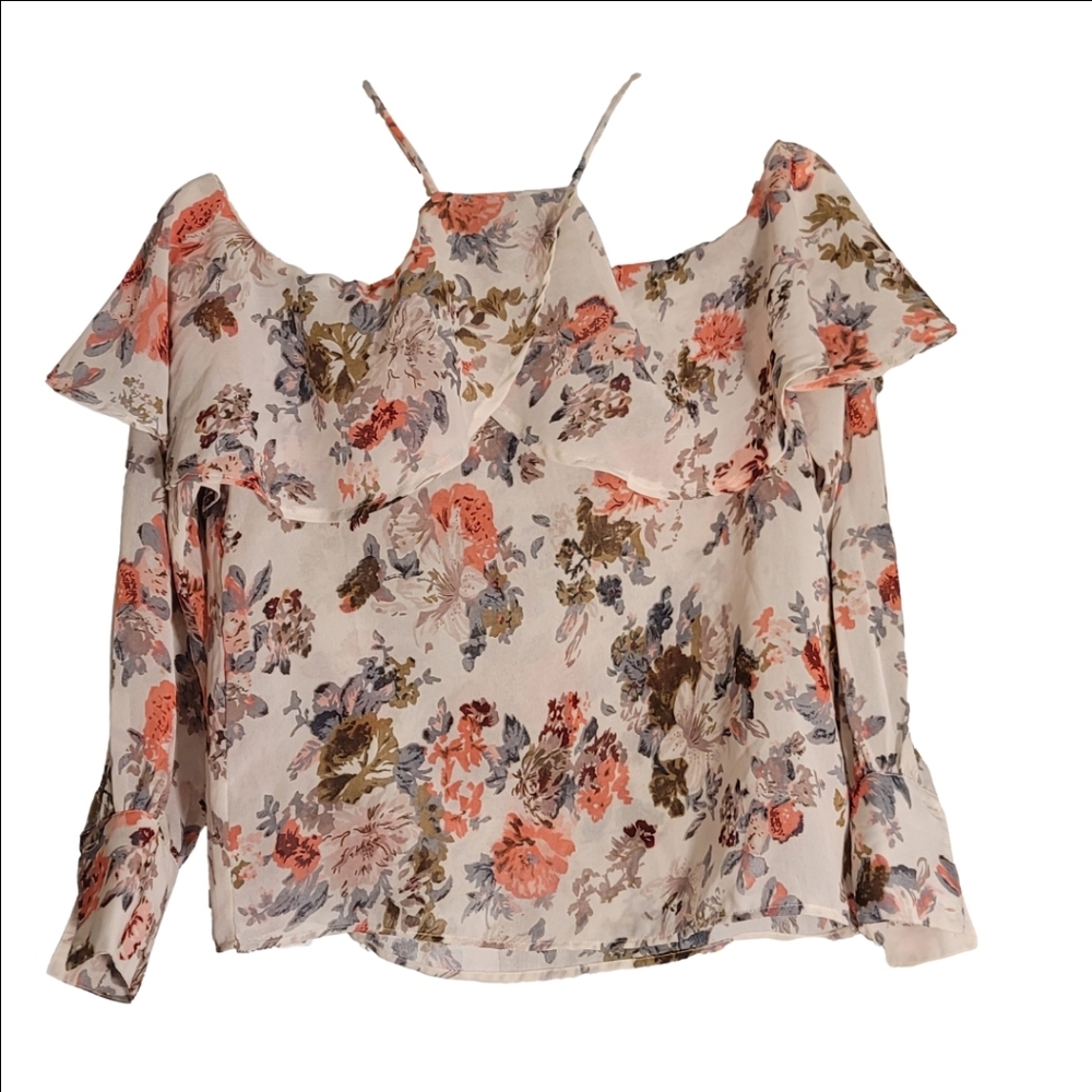 EUC Boohoo Floral Women's Cold Shoulder Blouse - Cream and Pink